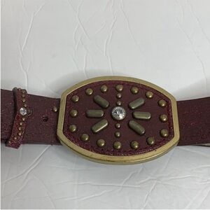 Guess Y2K Belt Dark Red Leather Brass Buckle Studs and Rhinestones Medium